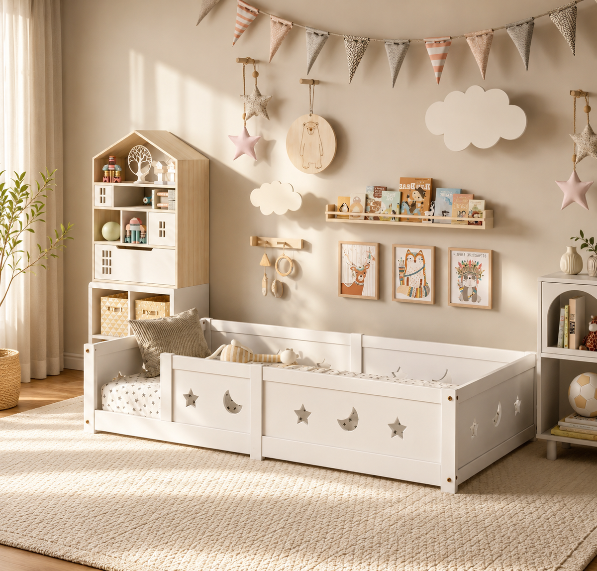Montessori Bodenbett mit Rausfallschutz – Kinderbett aus Holz 90 × 200 cm