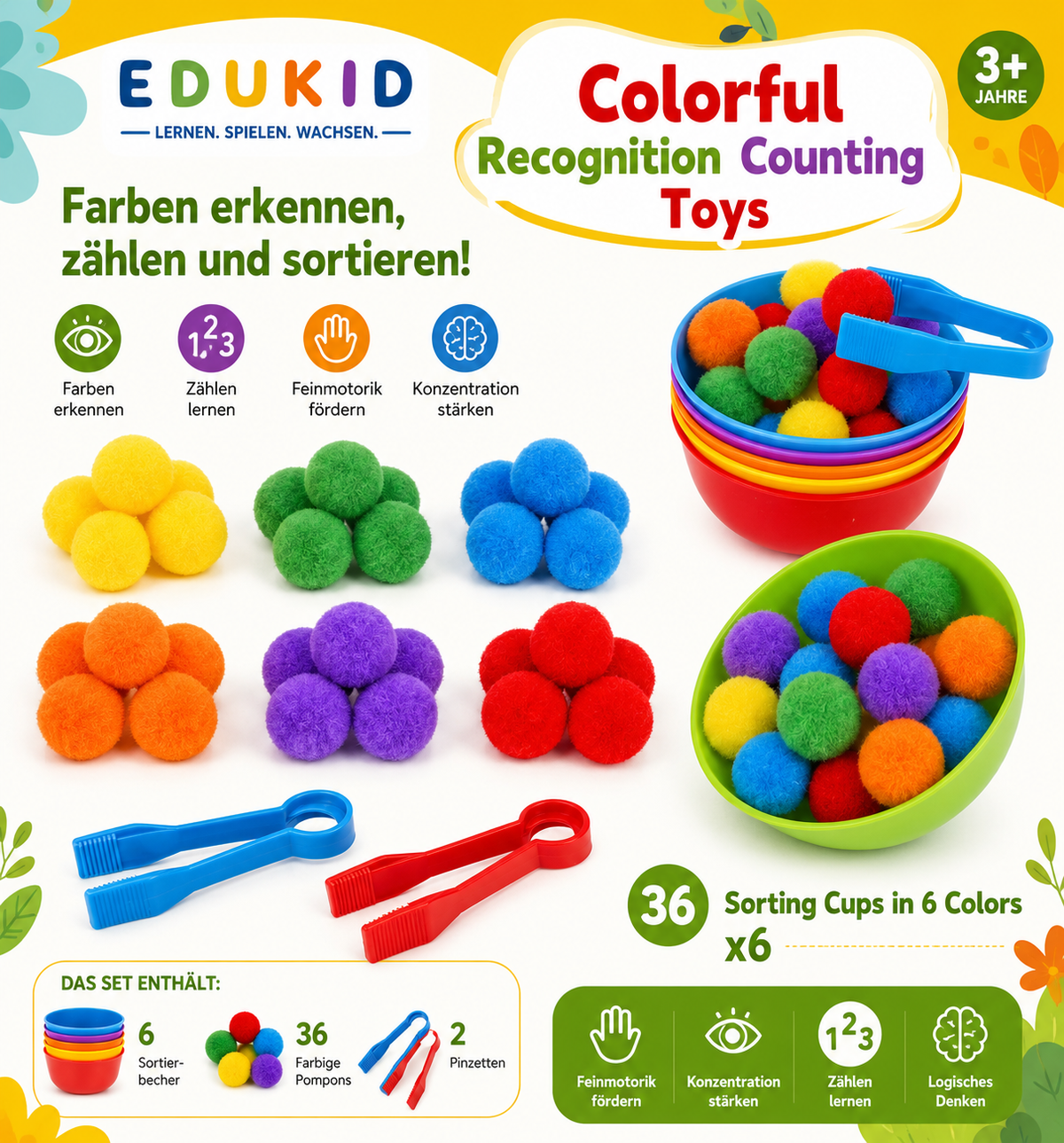 Montessori Farbensortier-Set mit Pompons & Pinzette