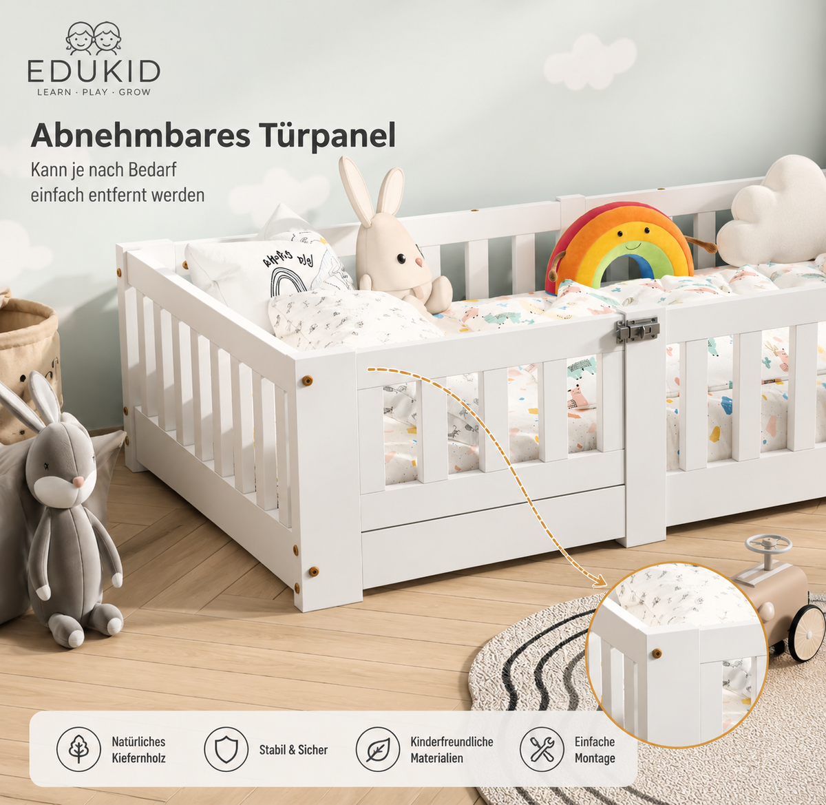 Montessori Bodenbett 90 × 200 cm mit Tür