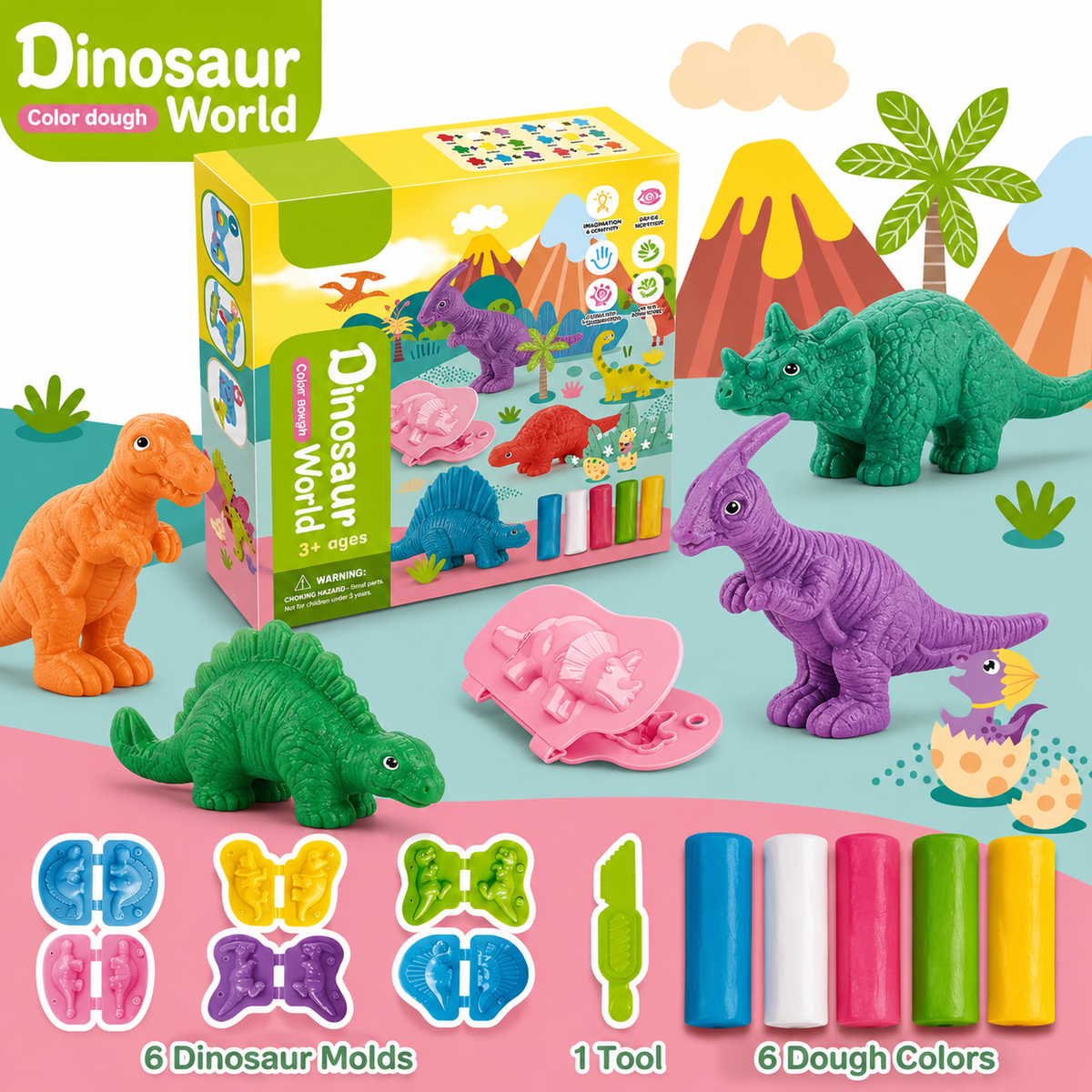 Yeahbo Playdough Sets for Kids, Modelling Clay, Air Dry Clay with 6 Dinosaur Mold, Polymer Clay Set, Play Dough Dinosaur Toys