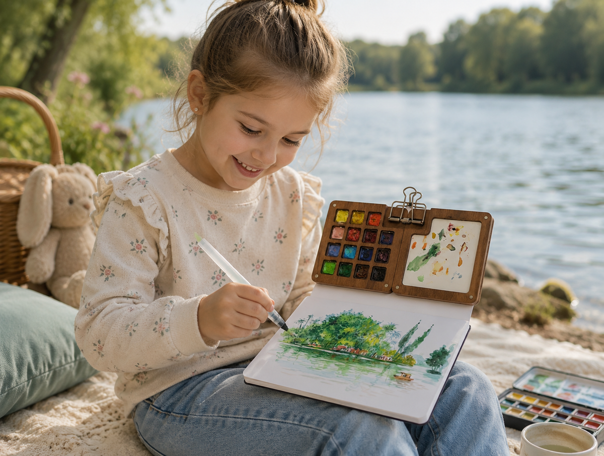 Tragbares Aquarell-Set aus Holz für Kinder