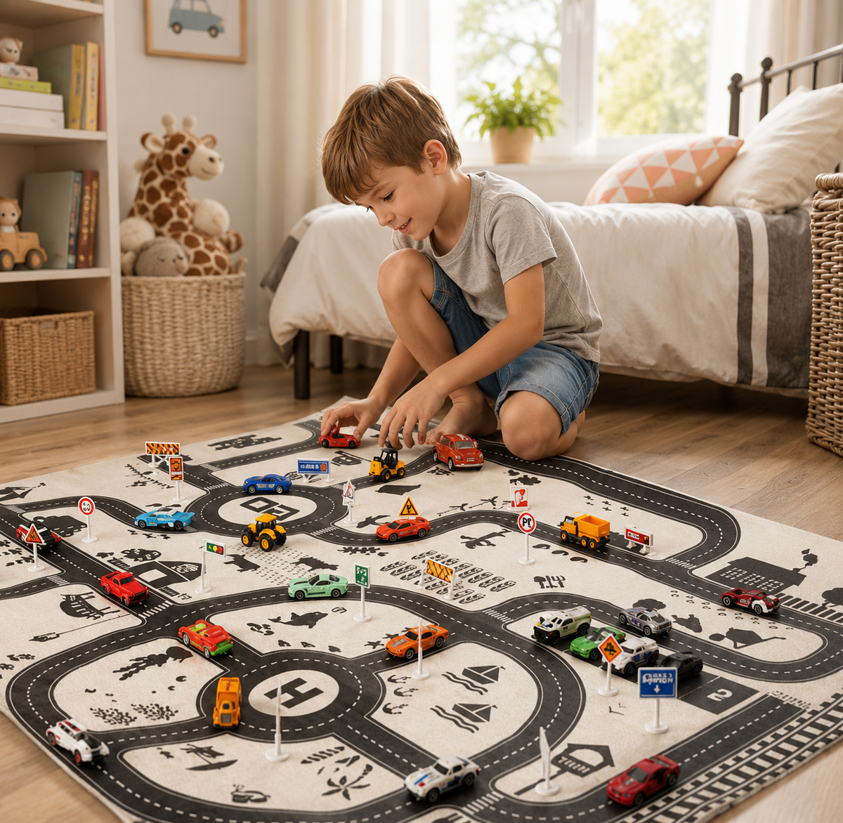 Montessori Verkehrs-Spielmatte mit Autos & Verkehrsschildern