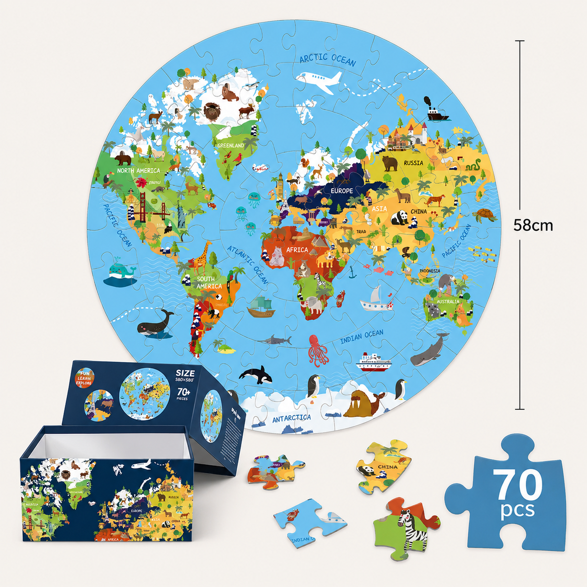 Weltkarten-Puzzle mit Tieren 70 Teile