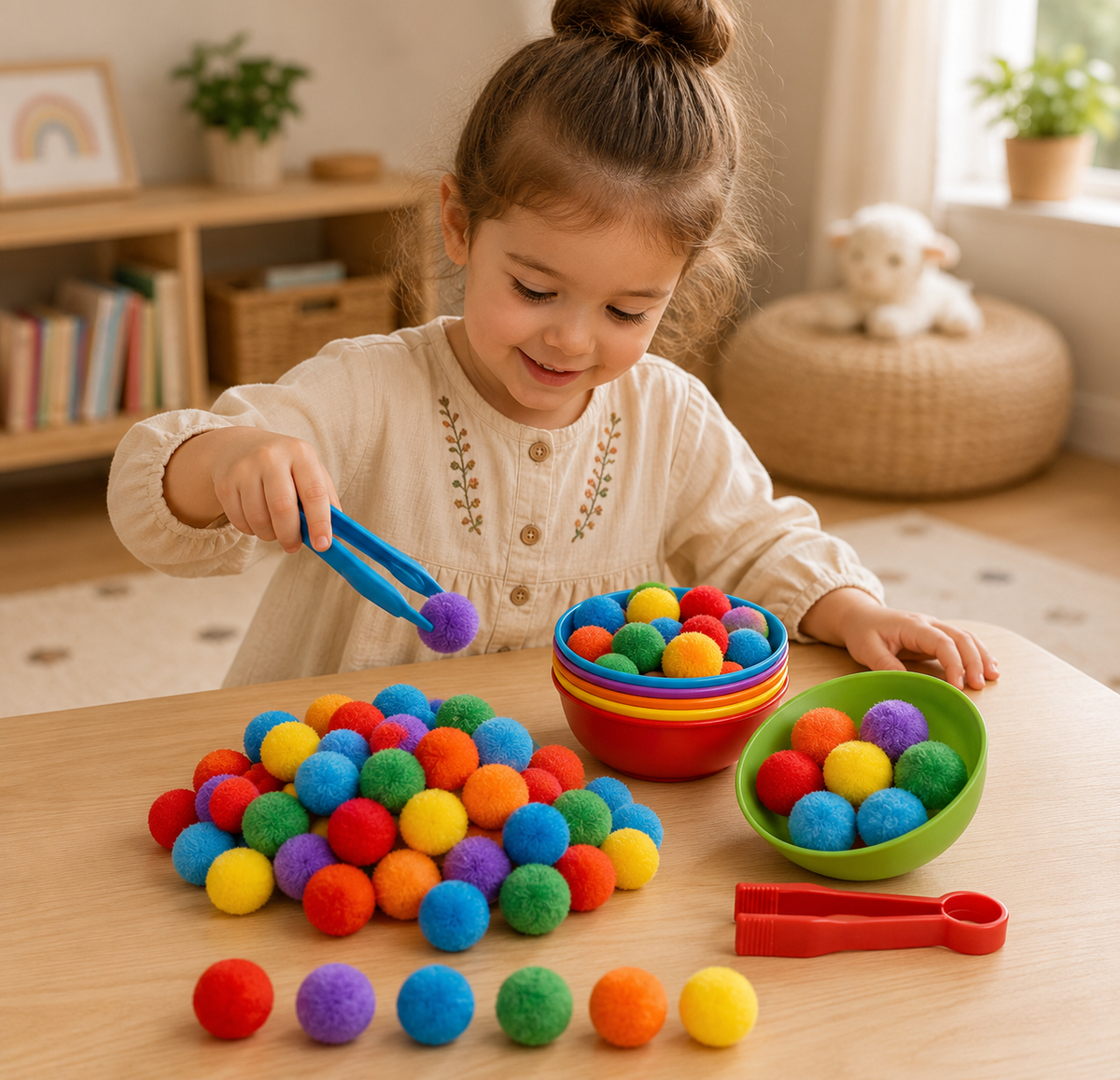 Montessori Farbensortier-Set mit Pompons & Pinzette