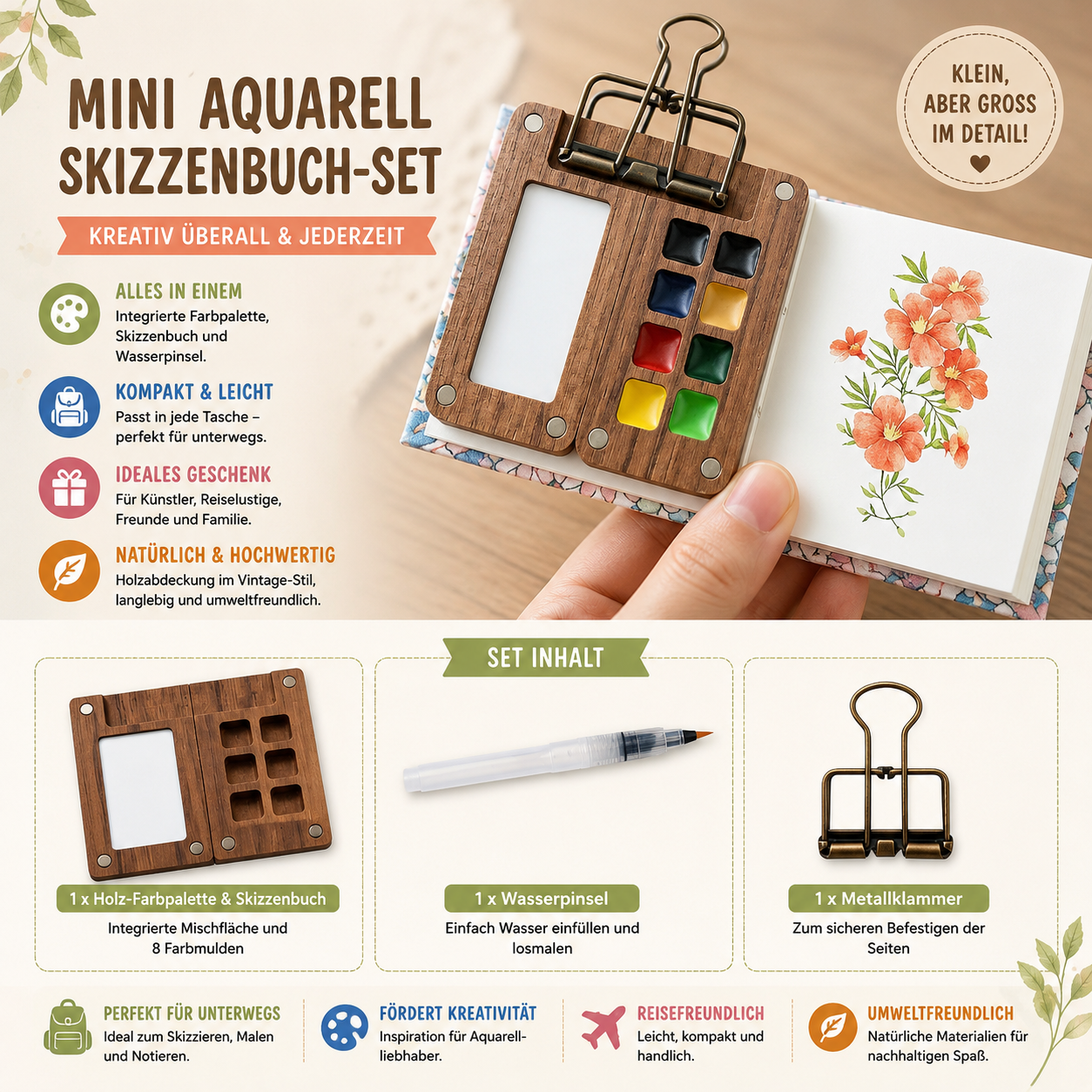 Tragbares Aquarell-Set aus Holz für Kinder