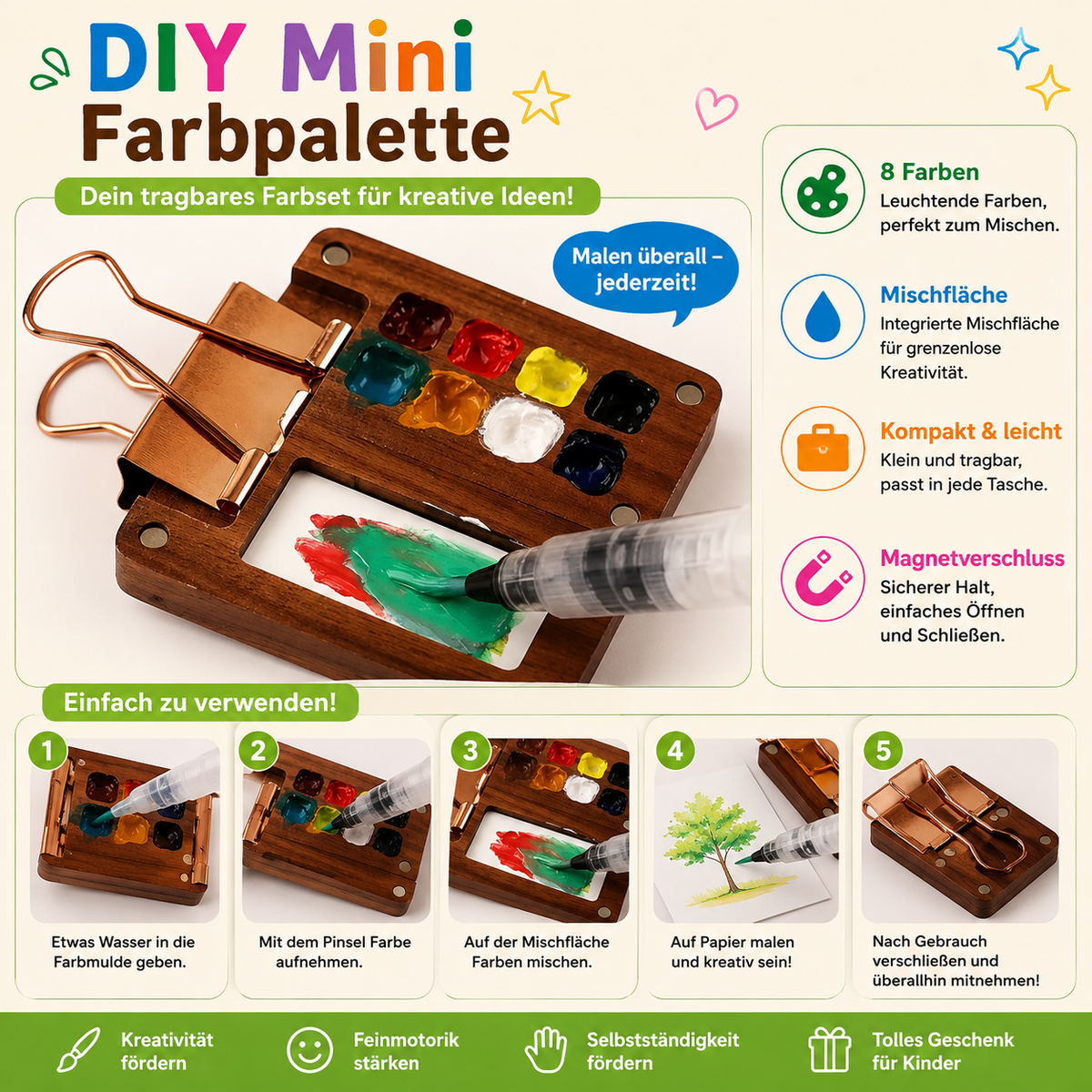 Tragbares Aquarell-Set aus Holz für Kinder