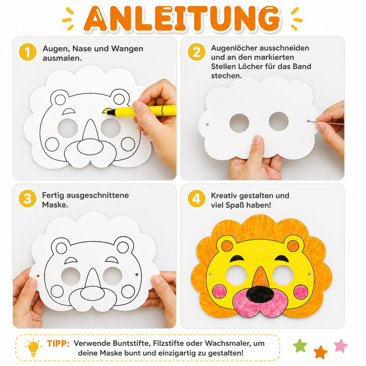 DIY Tiermasken zum Ausmalen für Kinder