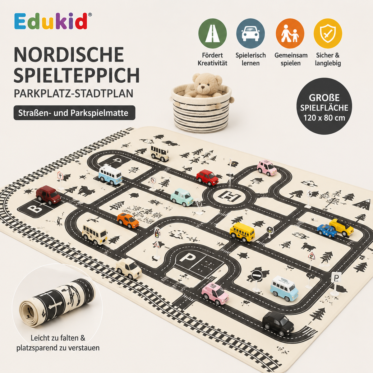 Montessori Verkehrs-Spielmatte mit Autos & Verkehrsschildern