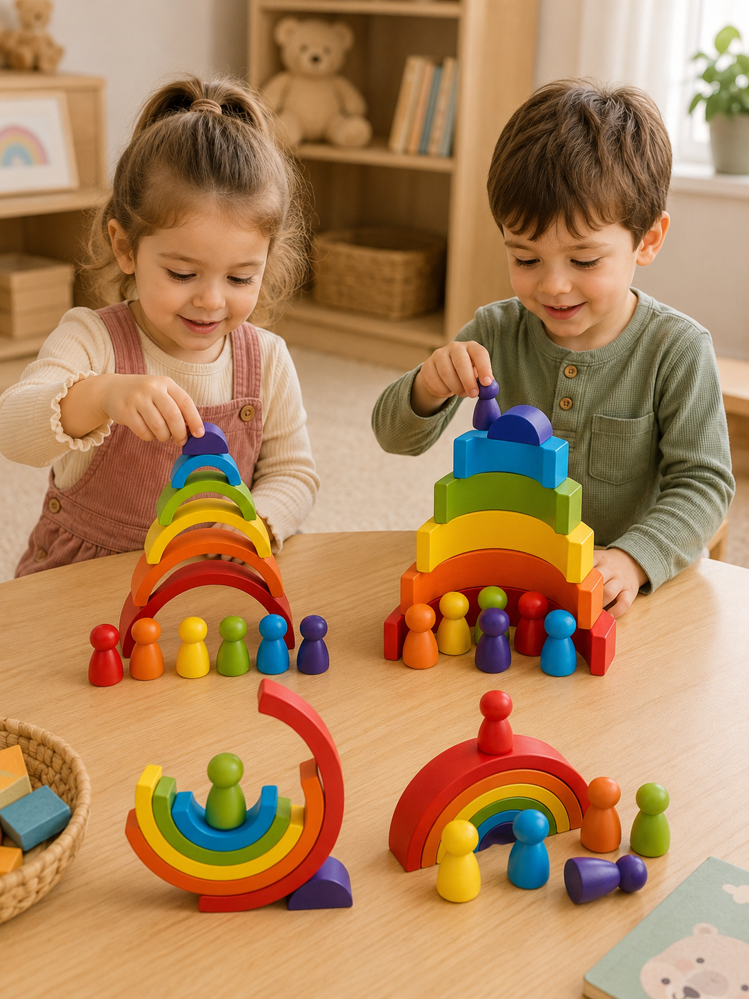 Montessori Regenbogen aus Holz mit Figuren