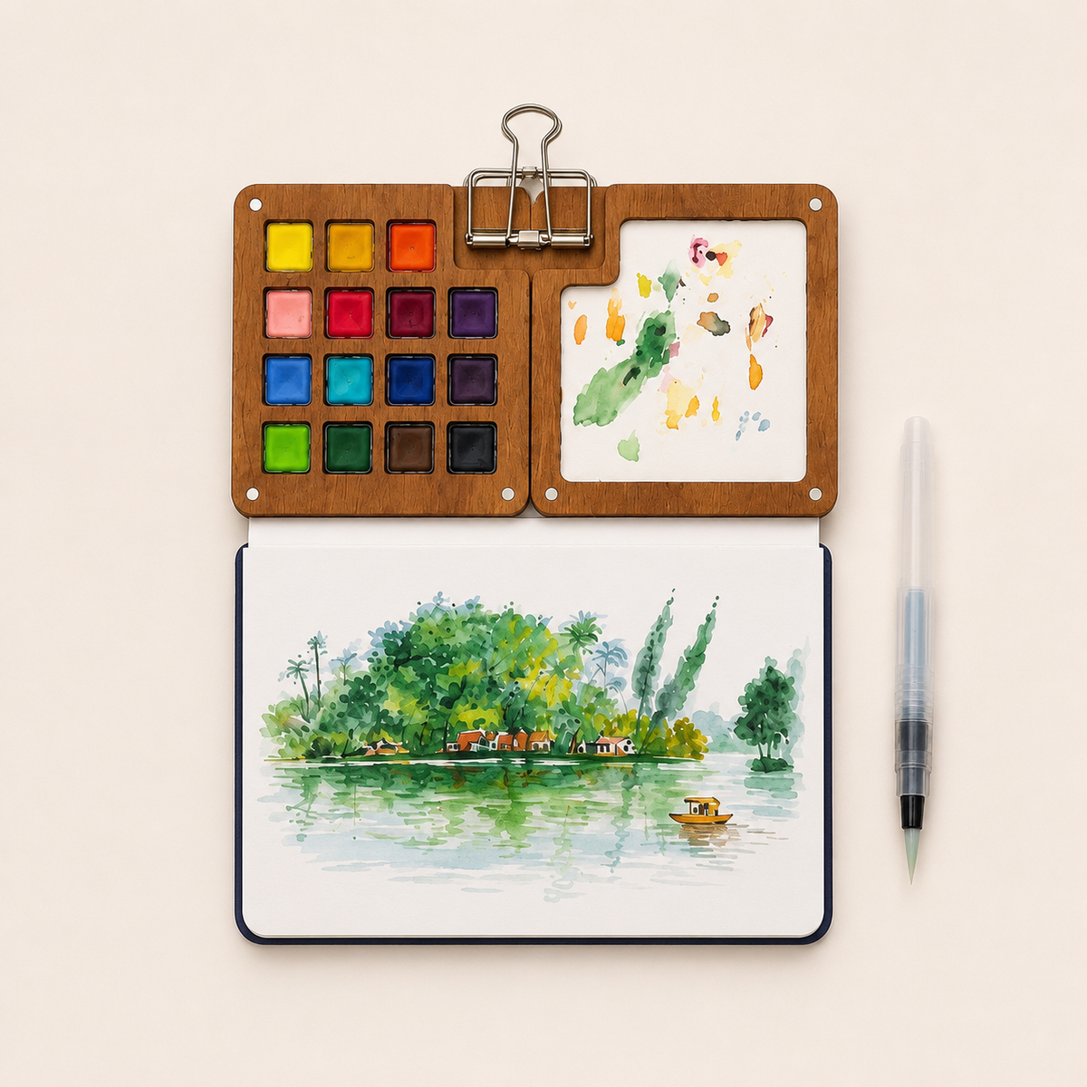 Tragbares Aquarell-Set aus Holz für Kinder