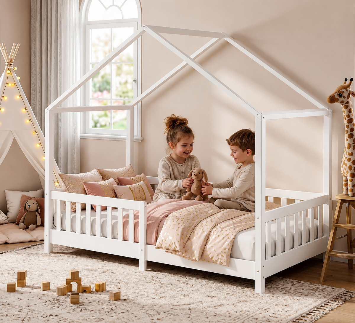 Montessori Hausbett mit Rausfallschutz – 90 × 200 cm