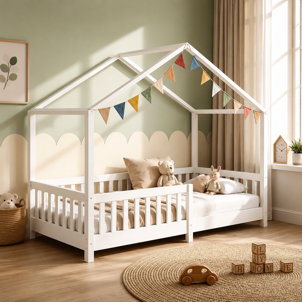 Montessori Hausbett mit Rausfallschutz – 90 × 200 cm