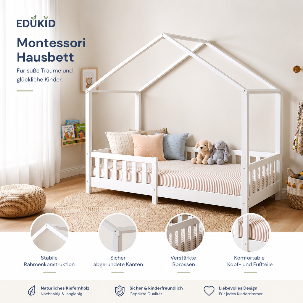 Montessori Hausbett mit Rausfallschutz – 90 × 200 cm