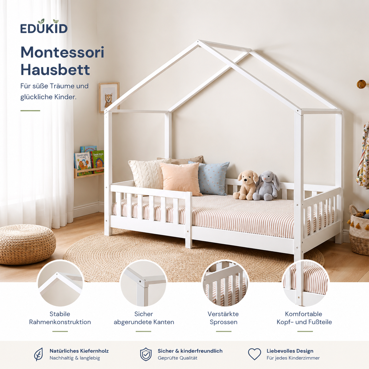 Montessori Hausbett mit Rausfallschutz – 90 × 200 cm