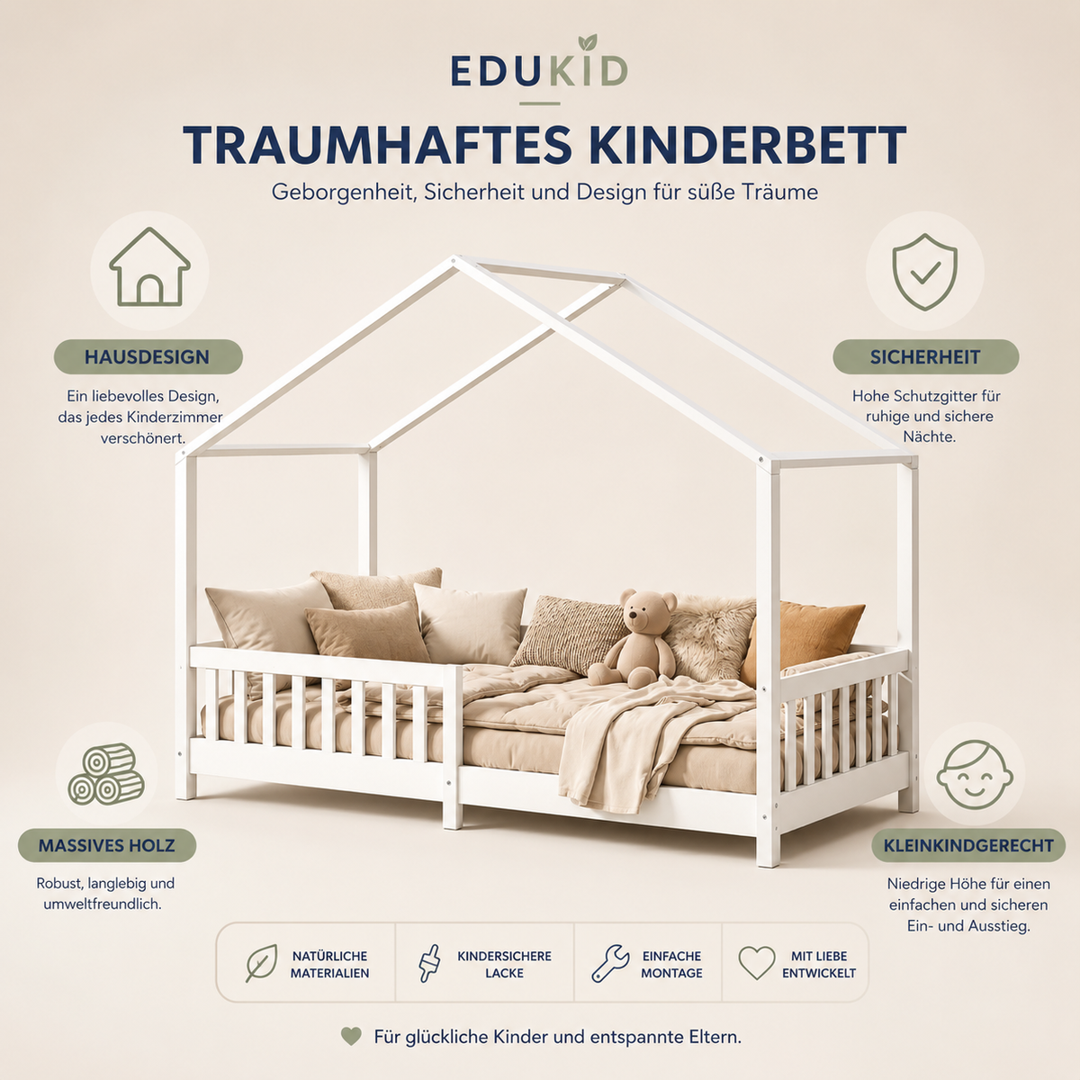 Montessori Hausbett mit Rausfallschutz – 90 × 200 cm