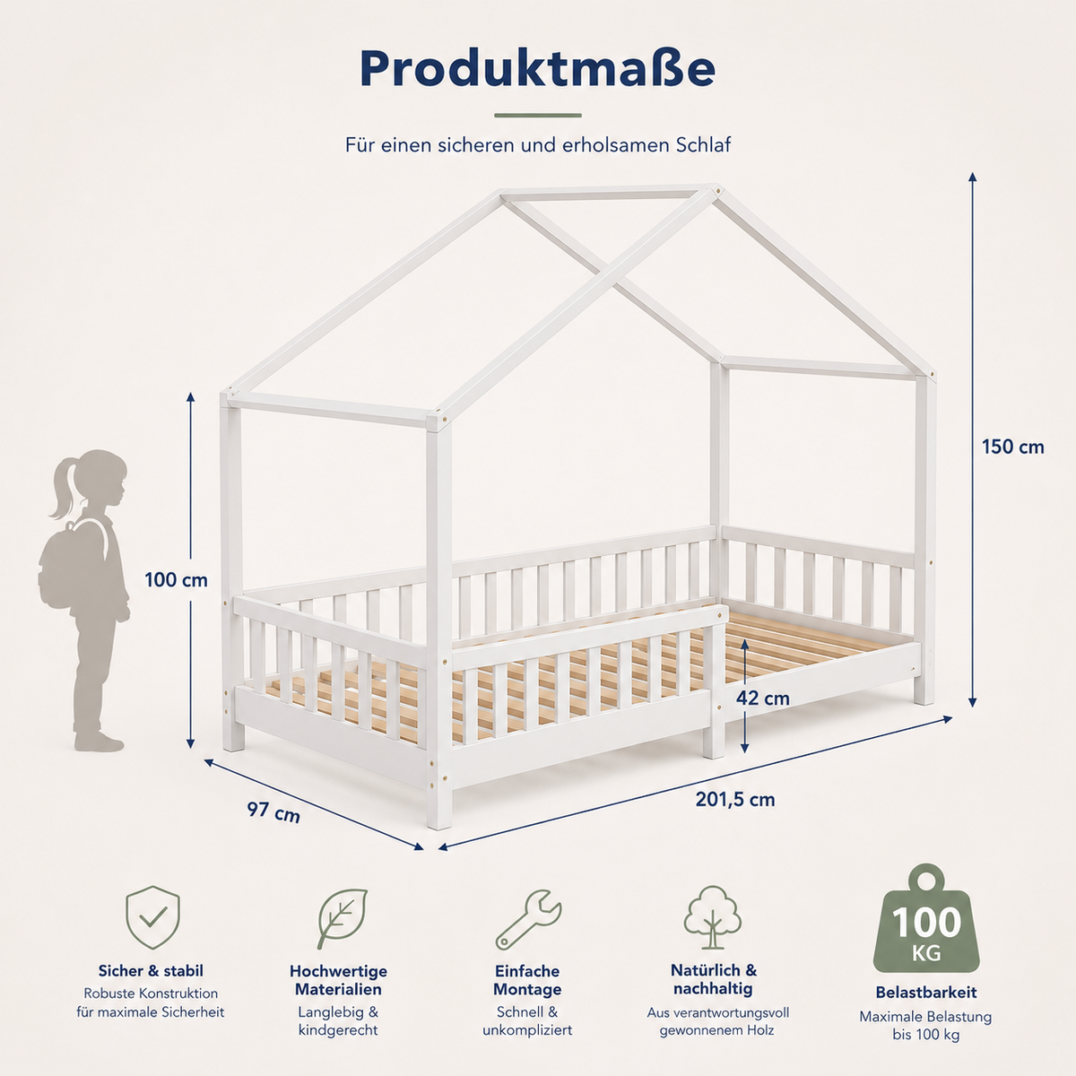 Montessori Hausbett mit Rausfallschutz – 90 × 200 cm