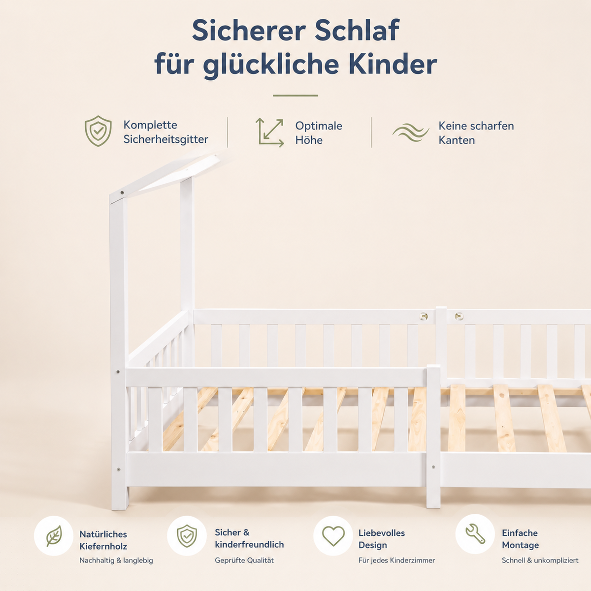 Montessori Hausbett mit Rausfallschutz – 90 × 200 cm